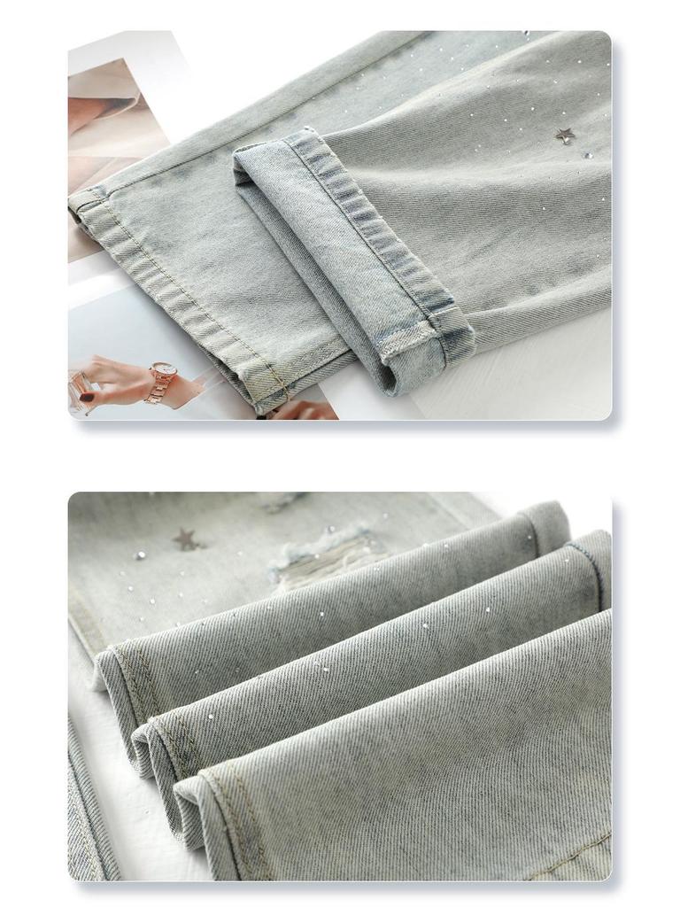 2025 Women's Rhinestone Ripped Jeans: Retro Straight & Loose Wide-Leg Styles for Spring and Autumn