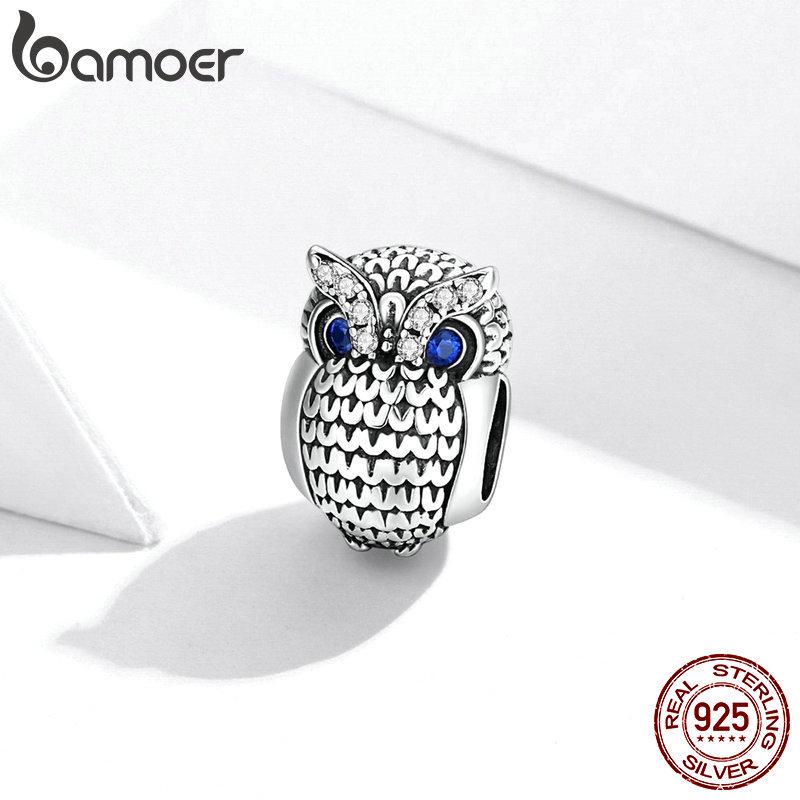 Bamoer Оригинальный шарм - подвеска "сияющая сова" из 925 стерлингового серебра и синего циркона