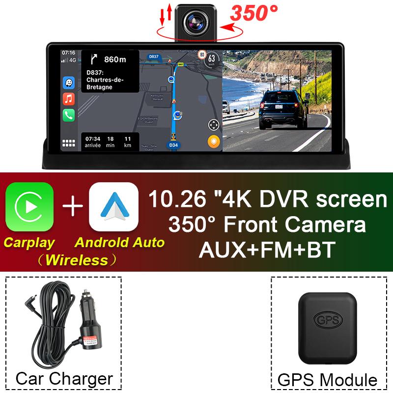 10,26-дюймовый автомобильный видеорегистратор 4K-камера Беспроводная Carplay Android auto Ai-экран Приборная панель Видеорегистратор Двойной объектив GPS-навигация Видеорегистратор AUX