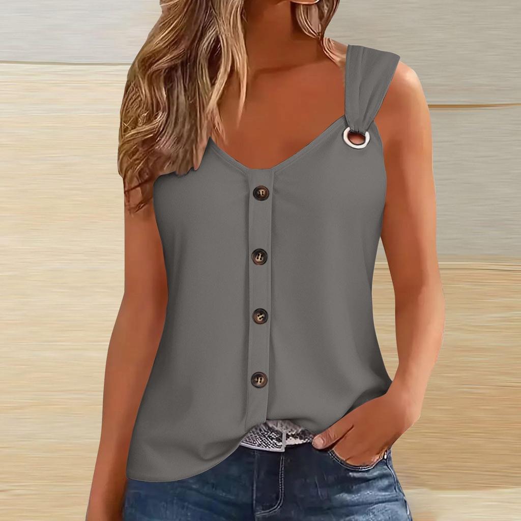 Женская модная повседневная свободная однотонная футболка без рукавов с V-образным вырезом на пуговицах