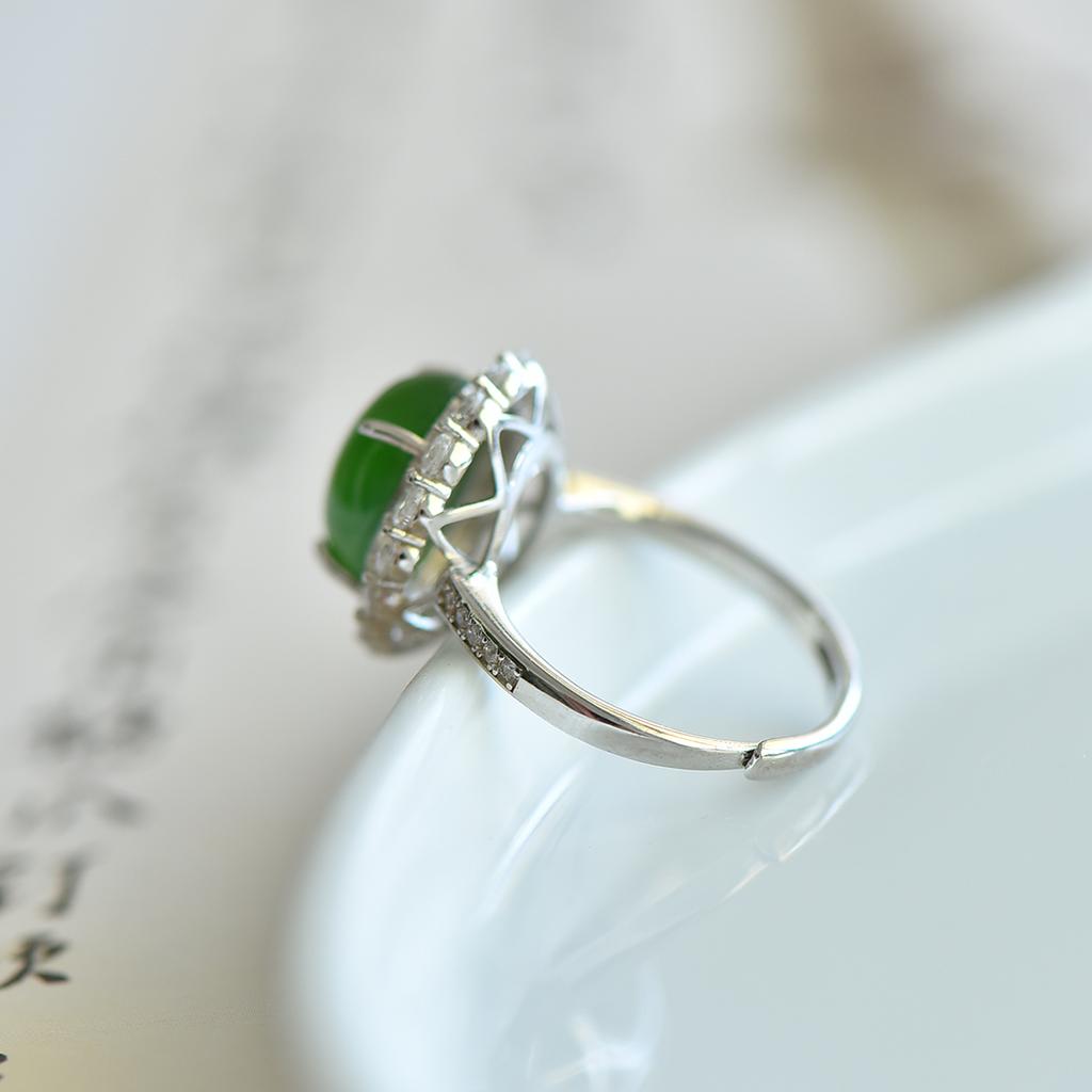 Natural Hotan Jade S925 Silver Spinach Green Jasper Egg Noodle Open Mouth Ring for Women with Certificate of National Inspection