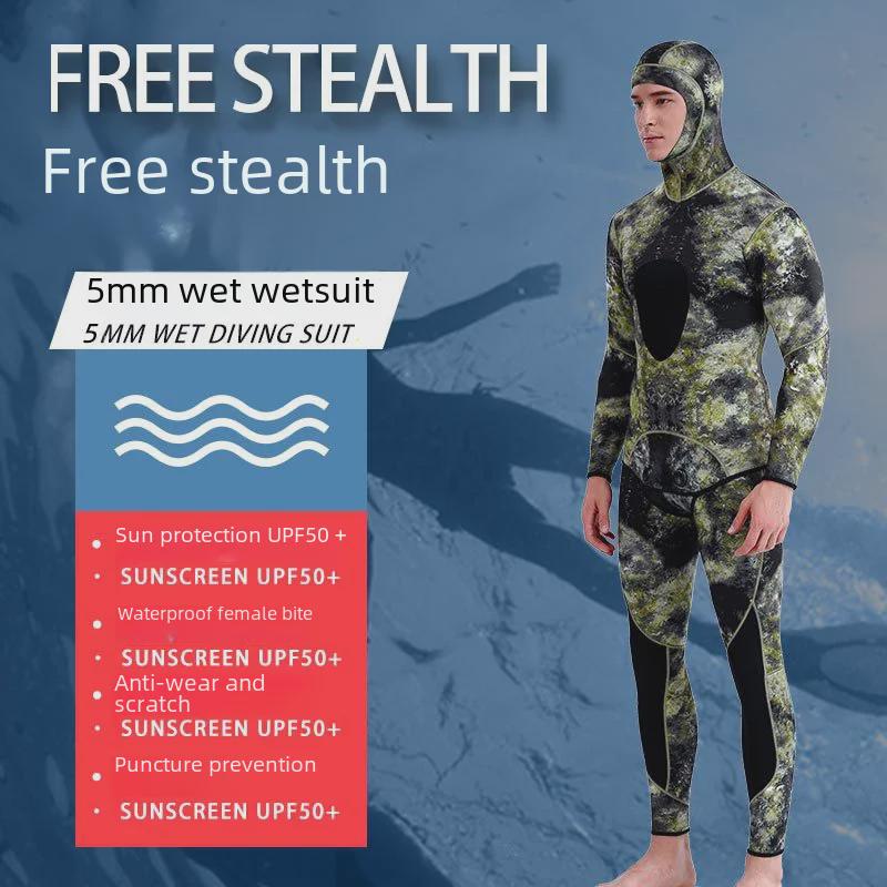 Camouflage 5mm Two-Piece Long-Sleeve Diving Suit - Thick & Warm for Winter Swimming and Spearfishing