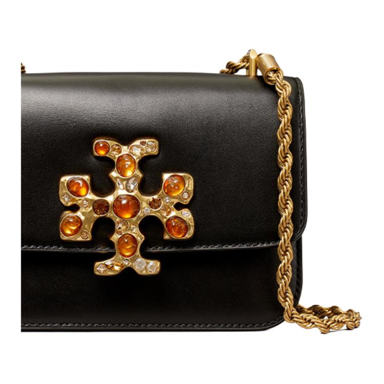 Tory Burch Eleanor 19 Magnetic Flap Closure Leather And Suede Trim Handheld Crossbody Shoulder Bag Women bags Black 143403-001