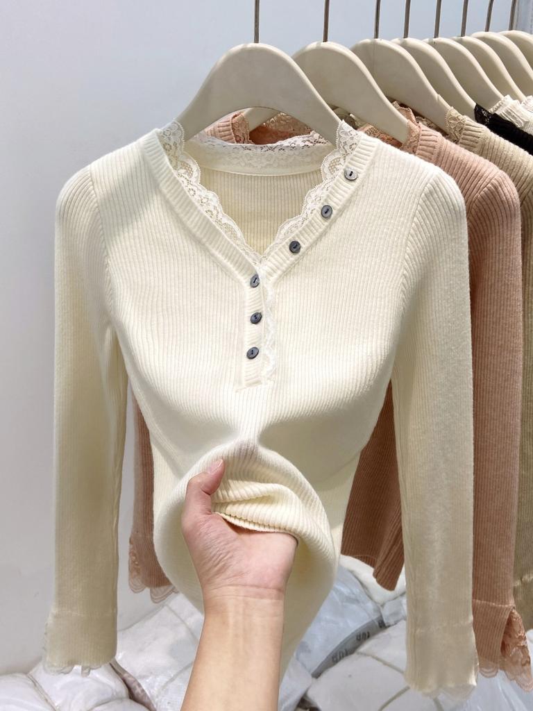 Button v-neck lace splicing knitted sweater women's autumn and winter slim-fitting and thin inner top bottoming shirt