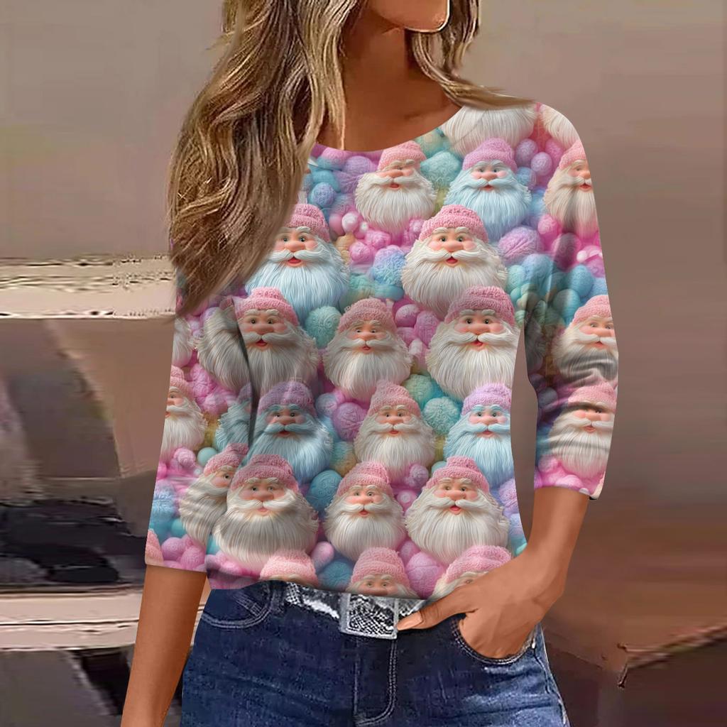 Женская Мода Повседневный Рукав Три Четверти Рождественский Принт Горловина Топ