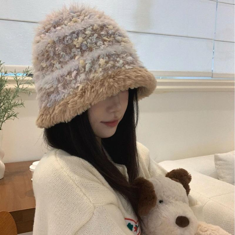 Women S Striped Knitted Bucket Hat Winter Warm Plush Ear Protection Hat