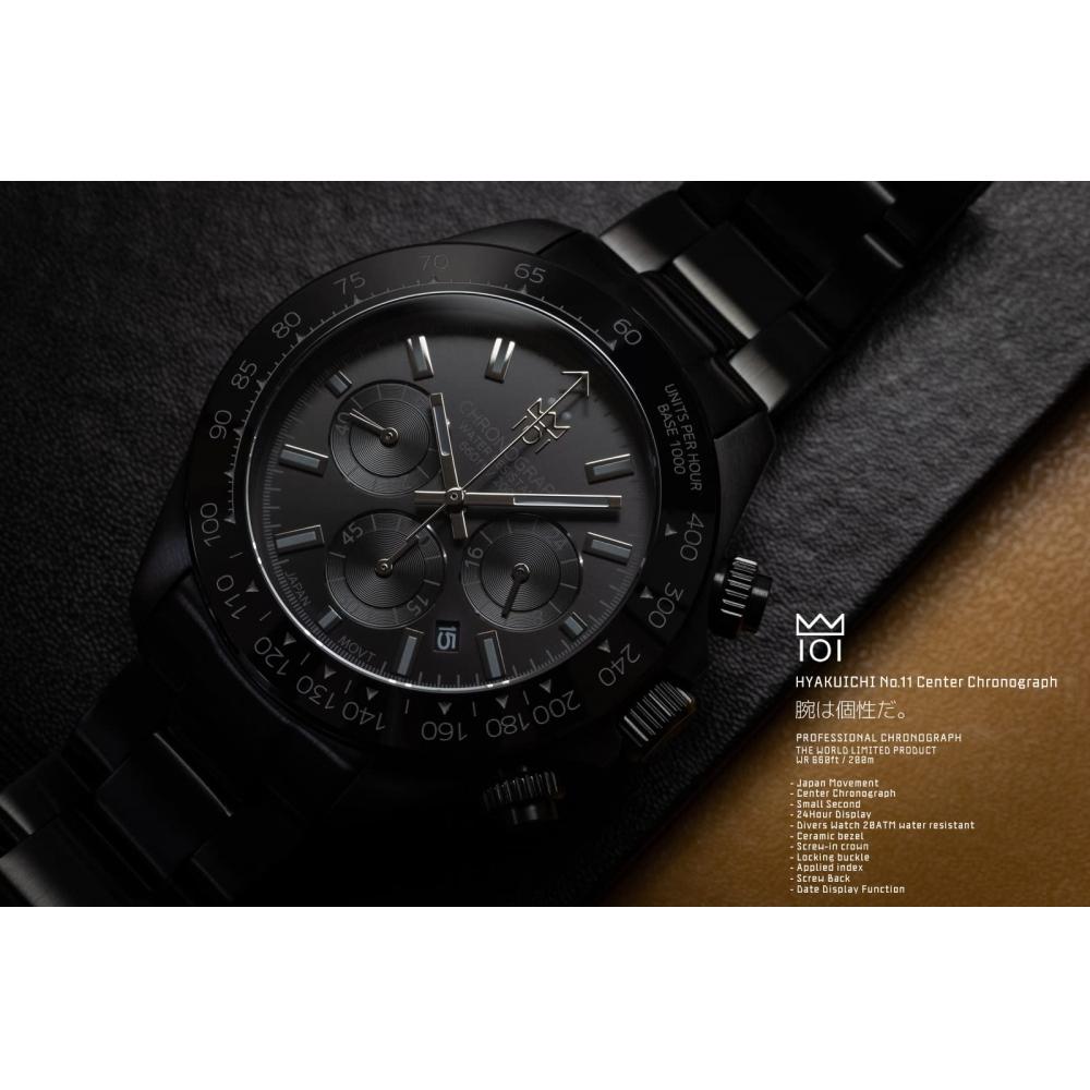 [HYAKUICHI 101] Мужские часы-хронограф Hyakuichi Diver's Chronograph Watch, водонепроницаемость 20 АТМ, кварцевый керамический безель с указателем даты IP-BBB, полностью черные