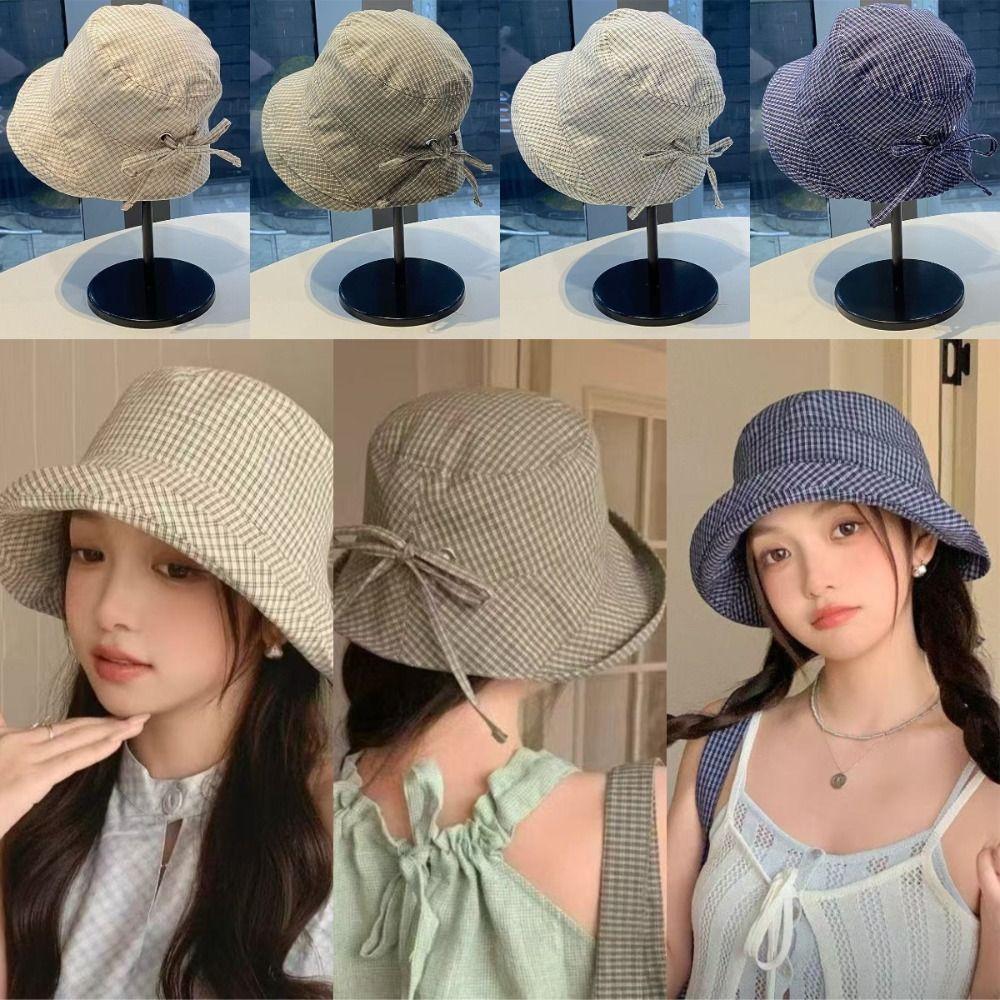 Korean Style Wide Brim Bucket Hats Summer Sunshade Basin Caps Plaid Bucket Hats Sun Protection