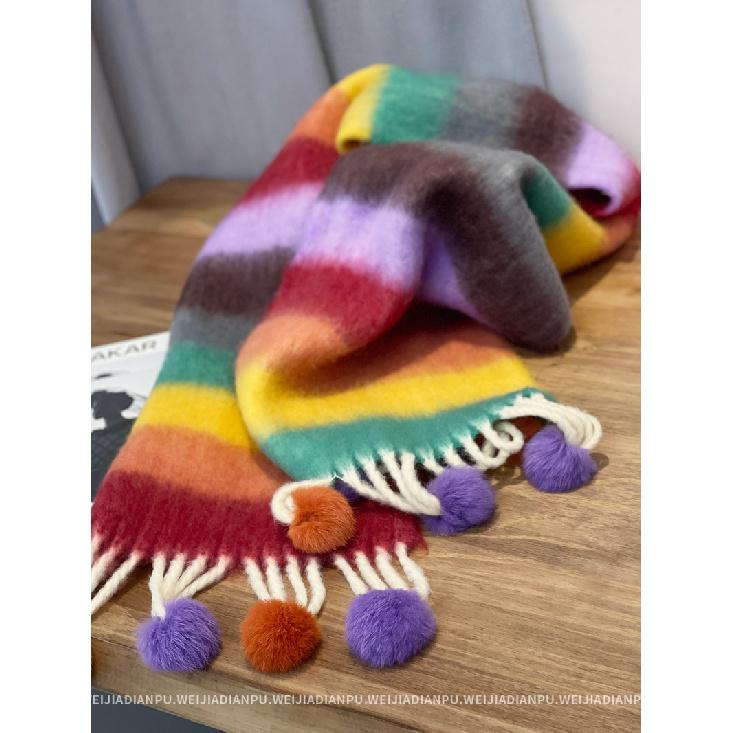 A Cute And Versatile Scarf With A Fashionable Design For Women Featuring Thick Woolen Balls Brushed Hair Tassels And Striped Stripes