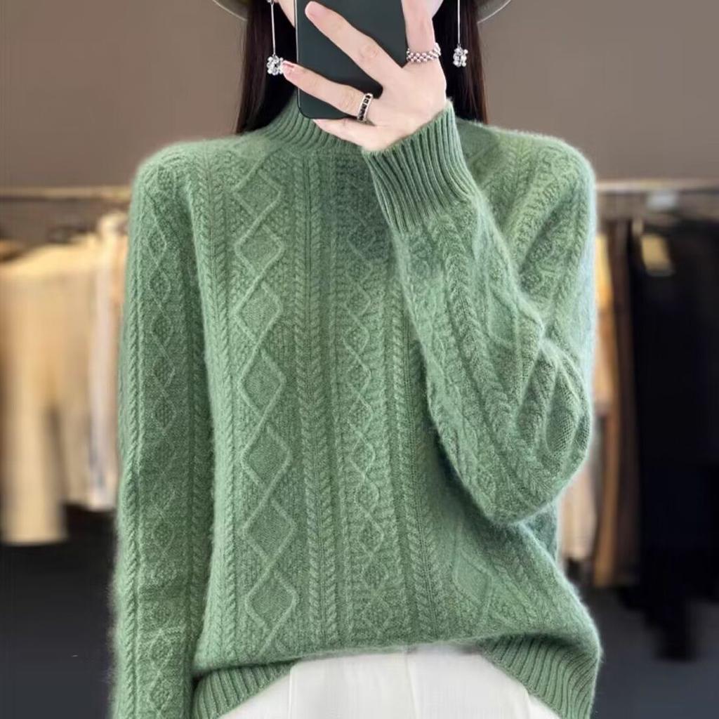 Women Half-high Neck Sweater 2025 Spring Winter New Thickened Foreign Fashion Loose Twisted Flowers Long-sleeved Knitted Bottoming Tops