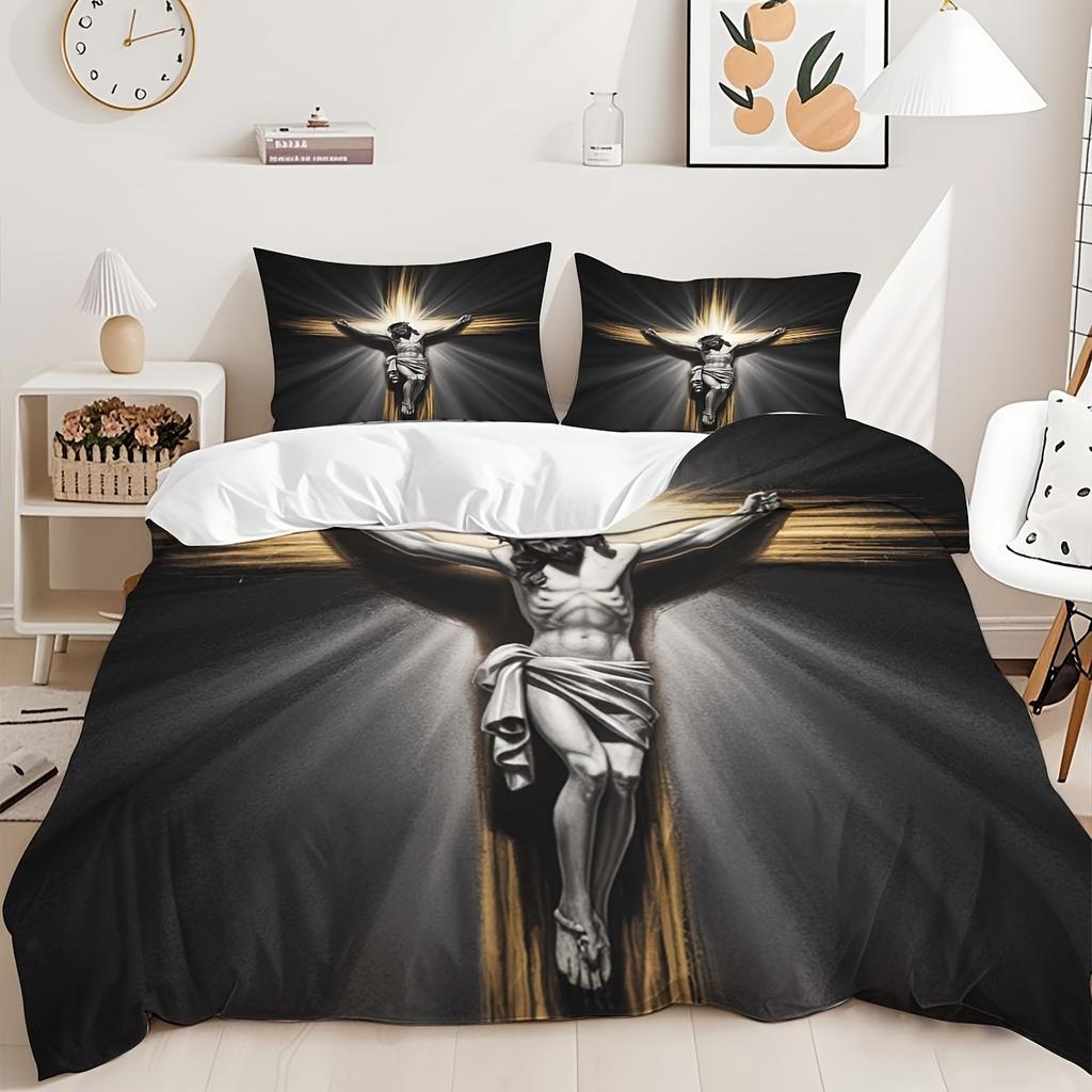 Комплект постельного белья с принтом креста Иисуса, 3 предмета, дышащий и мягкий для всех сезонов, прочный и износостойкий полиэстер, высокое качество