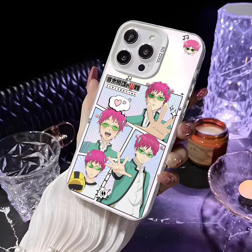 Чехол для телефона аниме S-Сайки Кусуо для iPhone 16 15 14 13 12 11 Pro Max Белый Матовый Лазерный Металлик Аврора Funda