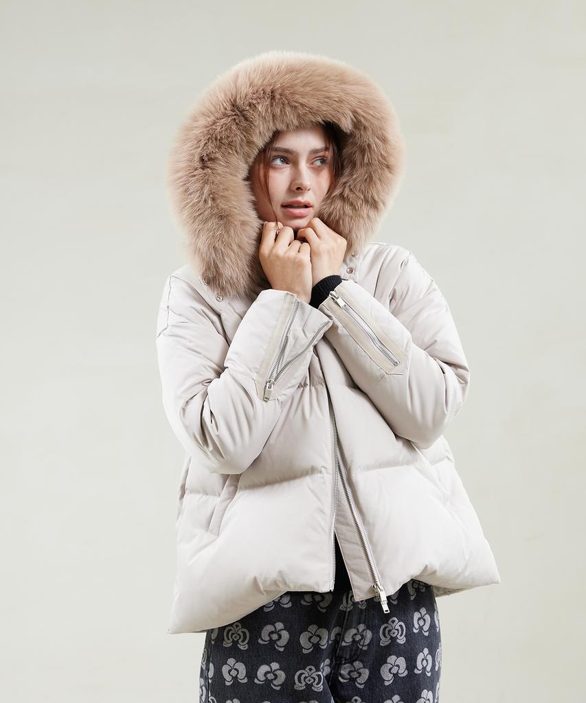 YUJEEOT Fox Fur Goose Down Jumper Beige