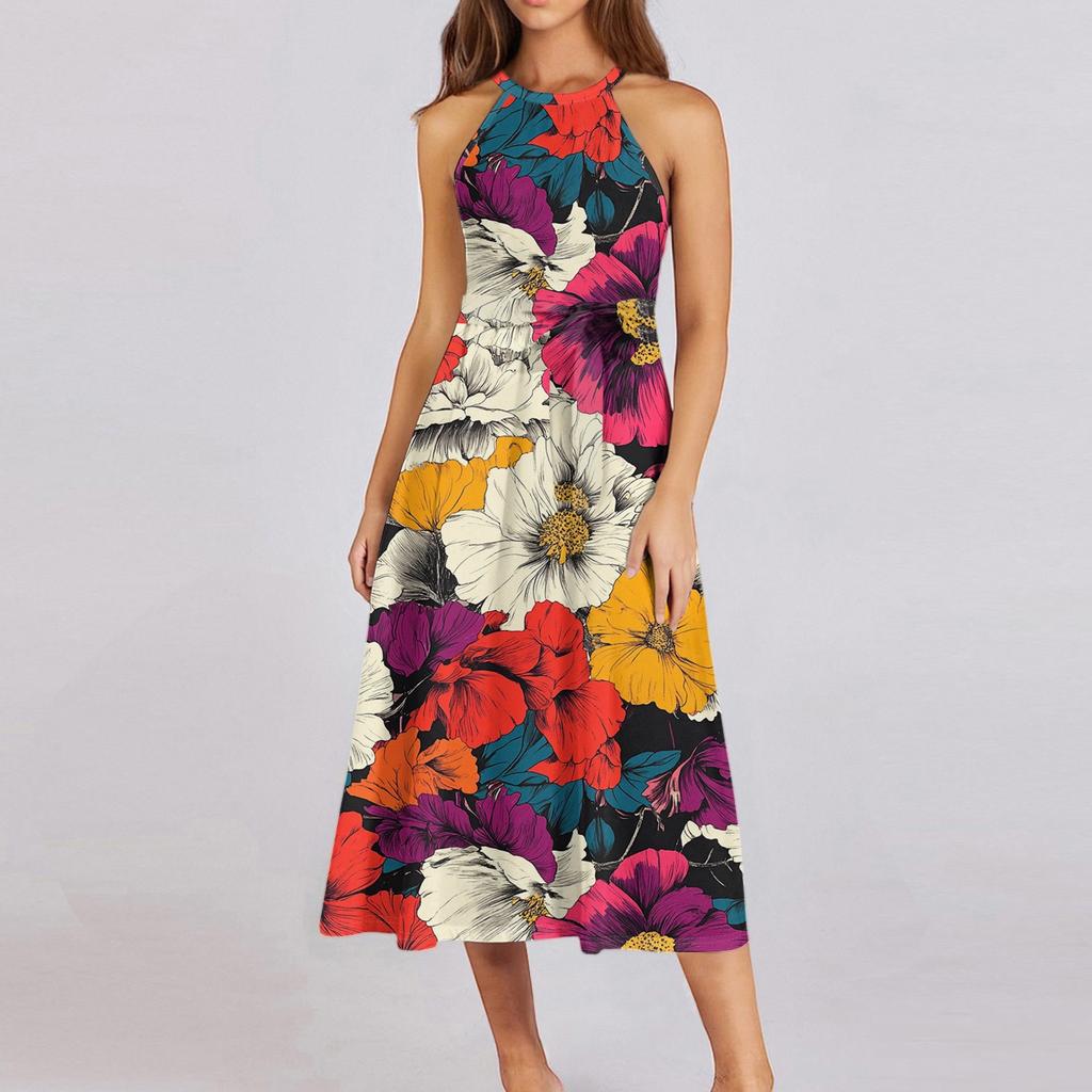 Женское повседневное платье миди с круглым вырезом, классическое, повседневное, без рукавов, свободное платье в стиле бохо с завязками, летний пляжный сарафан