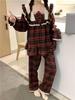 Комплект домашней одежды в корейском стиле для пар на осень/зиму, красный клетчатый с кружевом: Удобный и Милый.