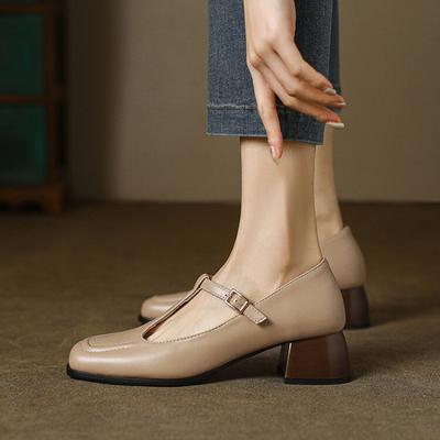 Новая обувь на все сезоны, женские туфли-лодочки с открытым верхом, повседневные туфли с пряжкой, на среднем каблуке, из маленькой кожи, с квадратным носком, резиновая мягкая подошва, квадратный каблук, черные