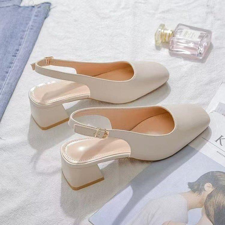 Baotou Back Empty Sandals Women's Summer Mid-heel Outer Wear 2025 New Korean Thick Heel Half-drag Single Shoes Women's High Heels