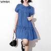 Women Summer Round Neck Casual Short Sleeve Ruffled Mini Dress