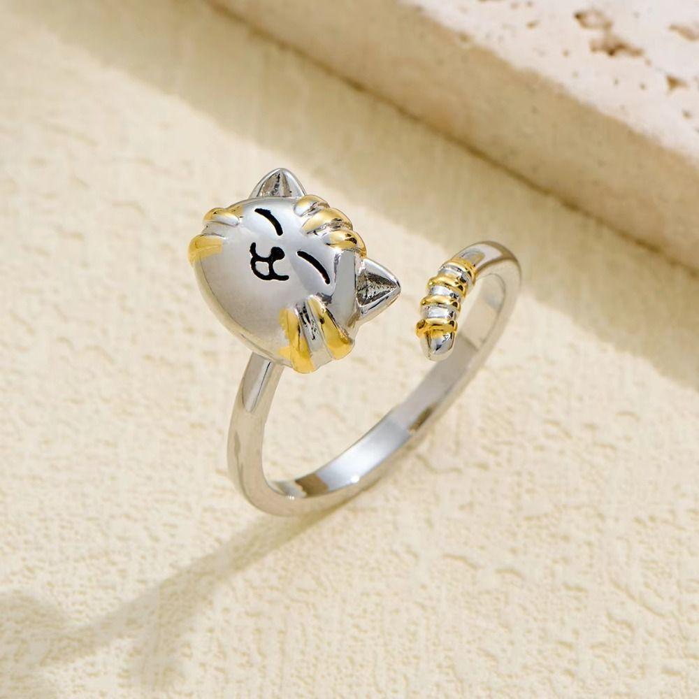 Cute Cartoon Cat Kitten Rings Gold Silver Rotate Freely Ring Fidget Spinner Rings  Jewelry Gift
