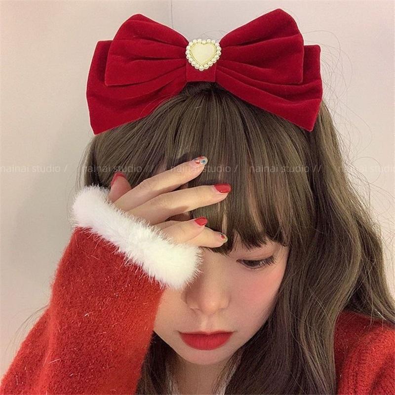 Cat Eye Heart Bow Velvet Hair Clip Women Retro Wine Red French Elegant Pearl Back Head Hair Accessories