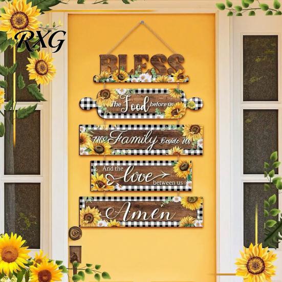 Decorative Wooden Letters for Wall Kitchen Decor, 5 Panel Bless Food Family Love Modern Rustic Home Accents Hanging Sign, Farmhouse Art Dining