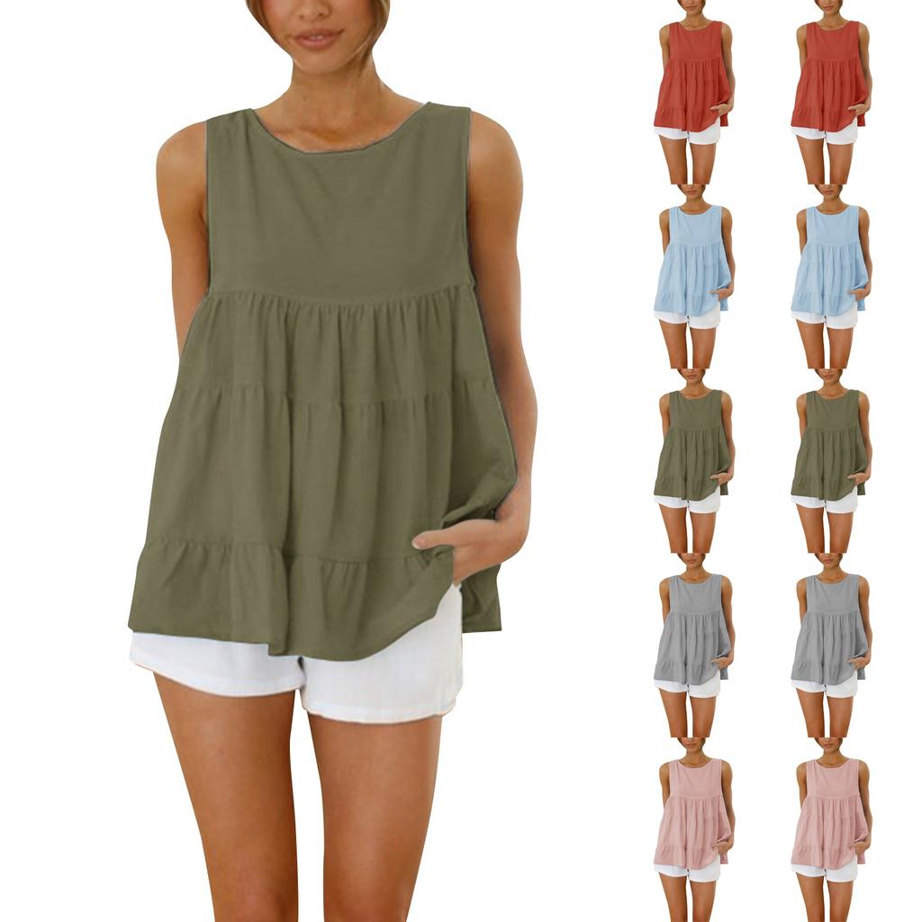 Round Neck Sleeveless Patchwork Loose Big Hem Around Casual Top