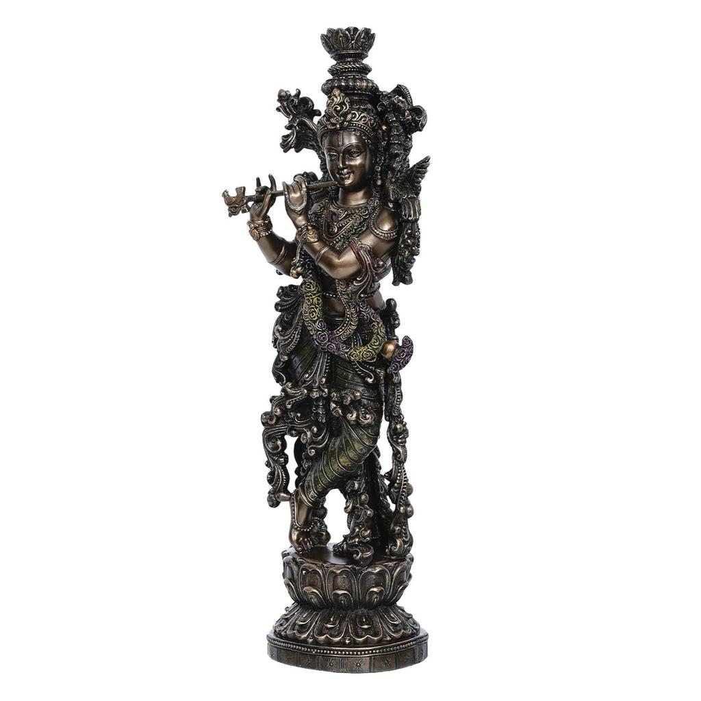 Handcrafted Polyresin Bronze Finish Lord Krishna Idol Playing Flute & Standing On Lotus Flower Statue For Pooja Room, Home, Living Room, Office Decor