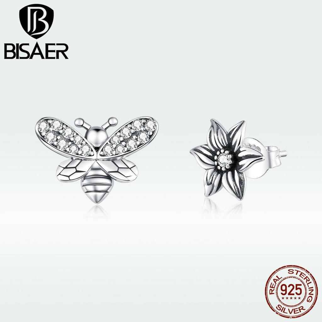 Bisaer Женские серьги-гвоздики из стерлингового серебра 925 пробы в стиле ретро с цветком и CZ Bee, ювелирные изделия в подарок