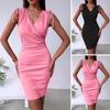 Women's V Neck Bodycon Short Dress Drawstring Sleeveless Mini Dress with Pockets Sexy Ruched Evening Dress for Cocktail Party