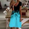 Summer Fashion Women's V Neck Short Sleeve Blue Peach Blossom Printed Dress Sex Dress