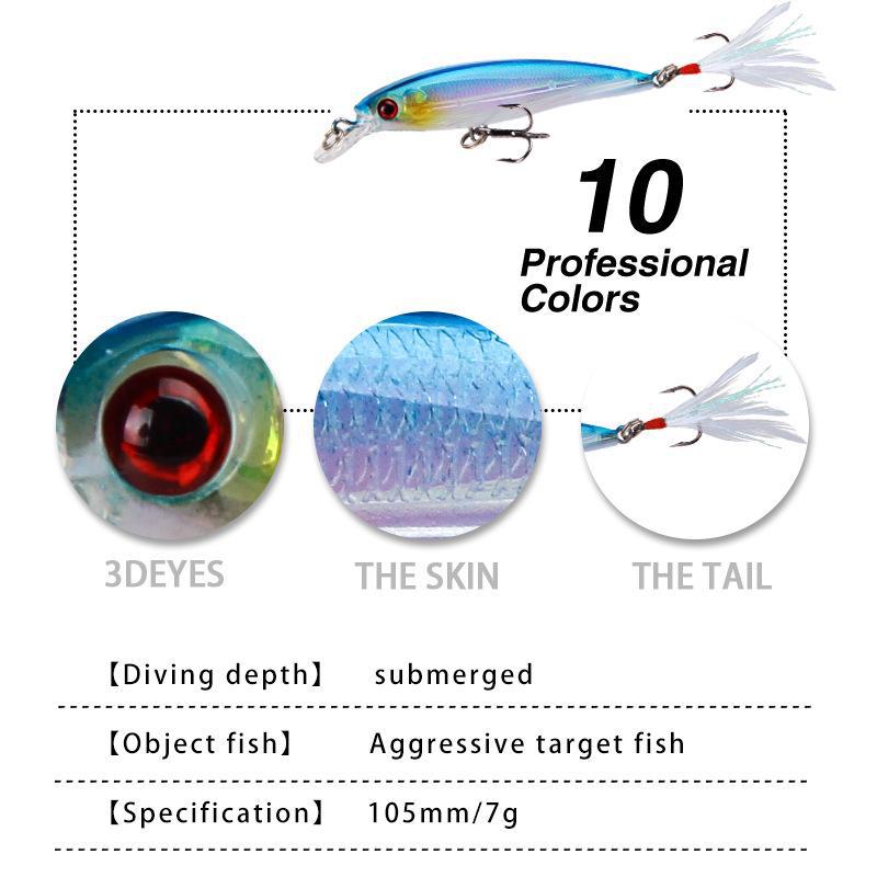 Горячая приманка Minnow Triple Feather Hook для окуня и мандарина, пресноводная и морская, 7 г, 10,5 см