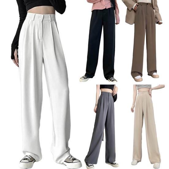 Женские однотонные костюмные брюки, эластичные прямые широкие брюки с высокой талией, свободные офисные брюки с наклонными карманами