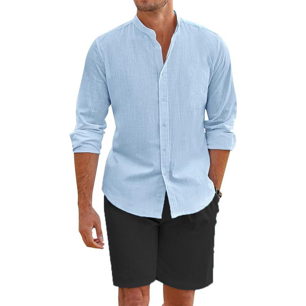 2 Pcs Sets Men's Summer Cotton Linen Shirt and Shorts Cardigan Simple Casual Beach Shirts Comfortable Hawaiian Wear