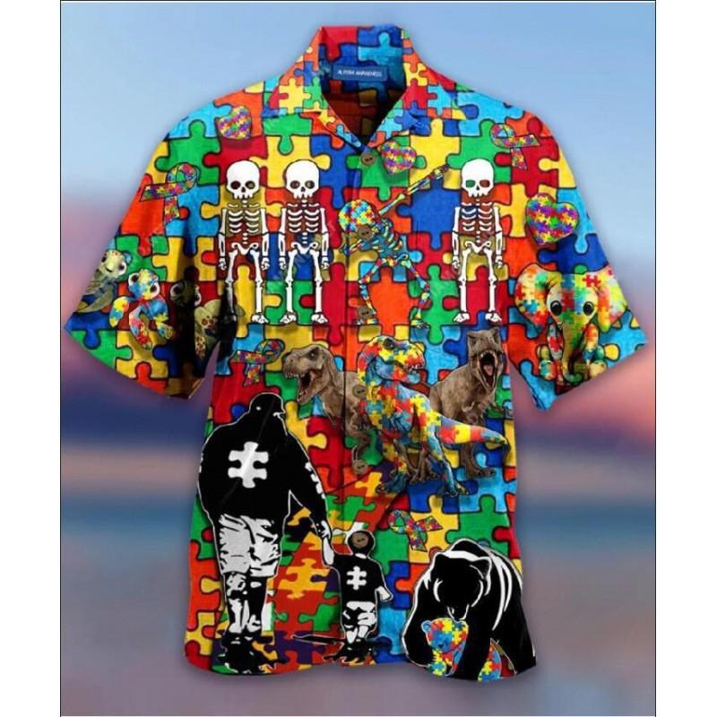 Mens Short Sleeve Shirt 3D Digital Print Casual Open Front Loose Fit Top Young Adults