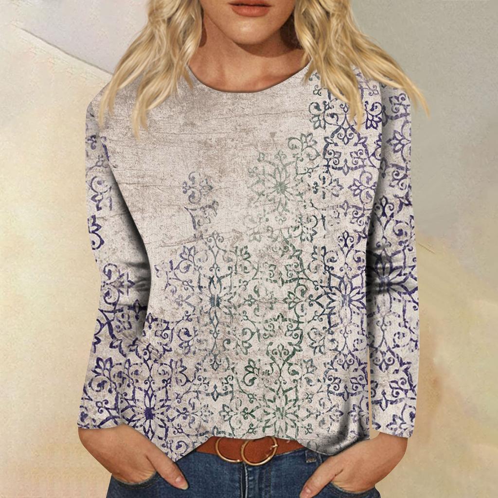 Женская мода, повседневная блузка с длинным рукавом и круглым вырезом, пуловер с принтом