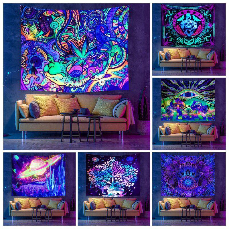 Хэллоуин Гобелен с черепом и флуоресцентным скелетом для декора комнаты в ультрафиолетовом свете