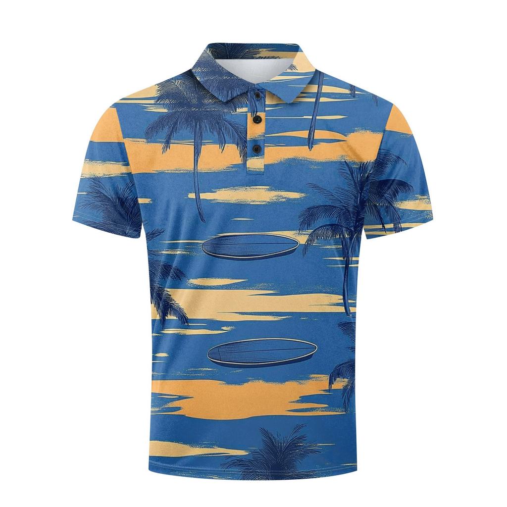 Мужская рубашка для гольфа с гавайским принтом, повседневная спортивная, с V-образным вырезом и коротким рукавом