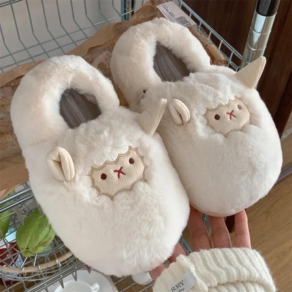 Fashion Cartoon Cute Fluffy Slippers for Women Winter Indoor House Animals Slippers Ladies Kawaii Faux Fur Slides Sheep Cotton Shoes2024