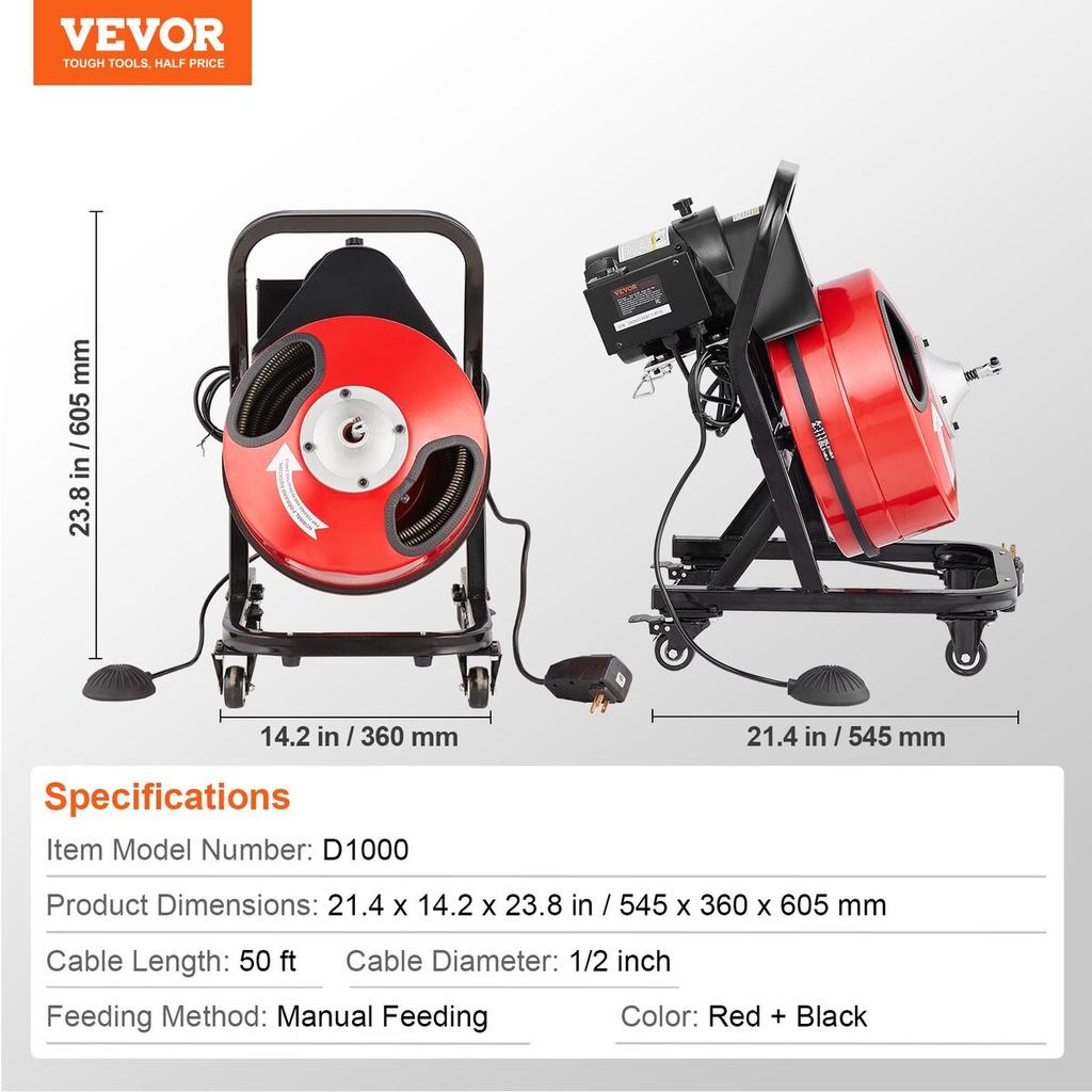 Drain Cleaner Machine 50FT x 1/2 Inch Manual Feed Snake Auger with Wheels