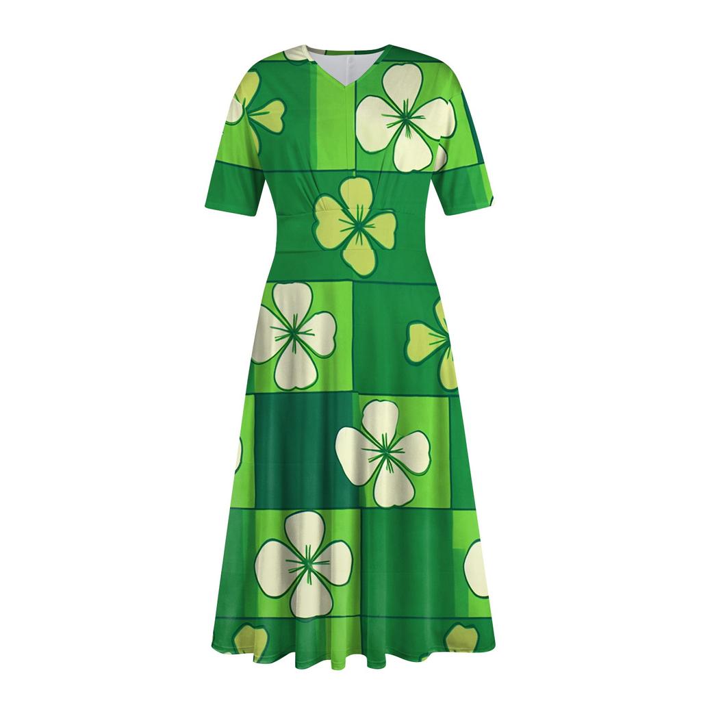 Женская повседневная мода St. Длинное свободное платье с принтом ко Дню Святого Патрика, V-образным вырезом, короткими рукавами и талией