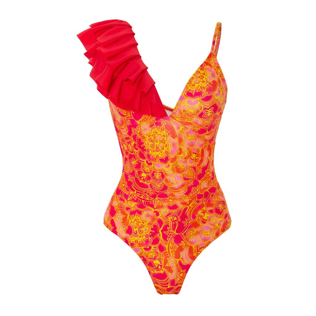 Новый сексуальный цельный купальник для женщин, бикини, шифоновая юбка с оборками и принтом, купальник