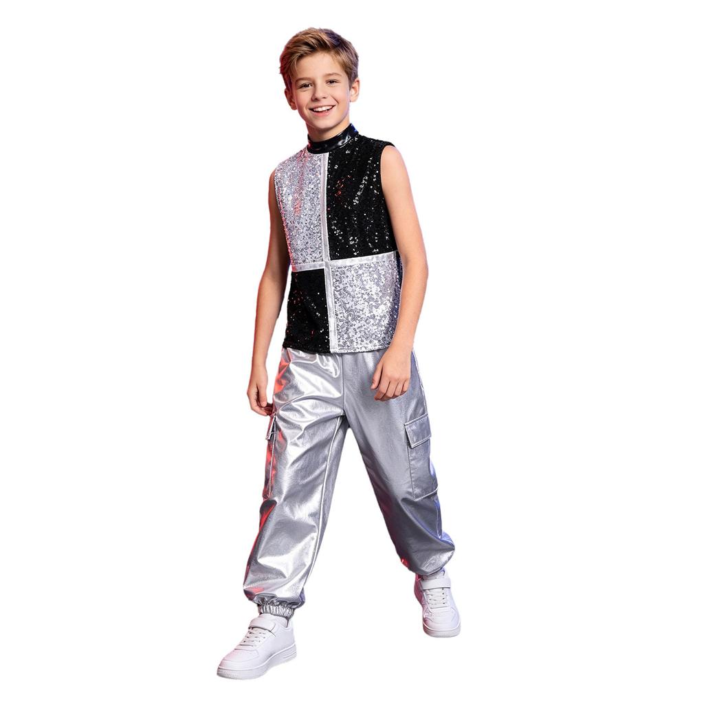 Boys Metallic Jazz Dance Costume Mock Neck Sleeveless Back Zipper Shiny Sequins Color Block Top Cargo Pants