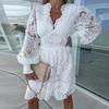 Женское осеннее платье, кружевное а-силуэтное платье трапециевидной формы со свободным подолом, V-образным вырезом и длинным рукавом, однотонное, мягкое, двухслойное, с высокой талией, эластичное, женское, до колена, миди-платье