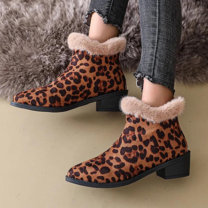Женская обувь 2024, модные женские ботинки с леопардовым принтом, новые повседневные ботинки на молнии сзади, женские пикантные теплые ботильоны на квадратном каблуке