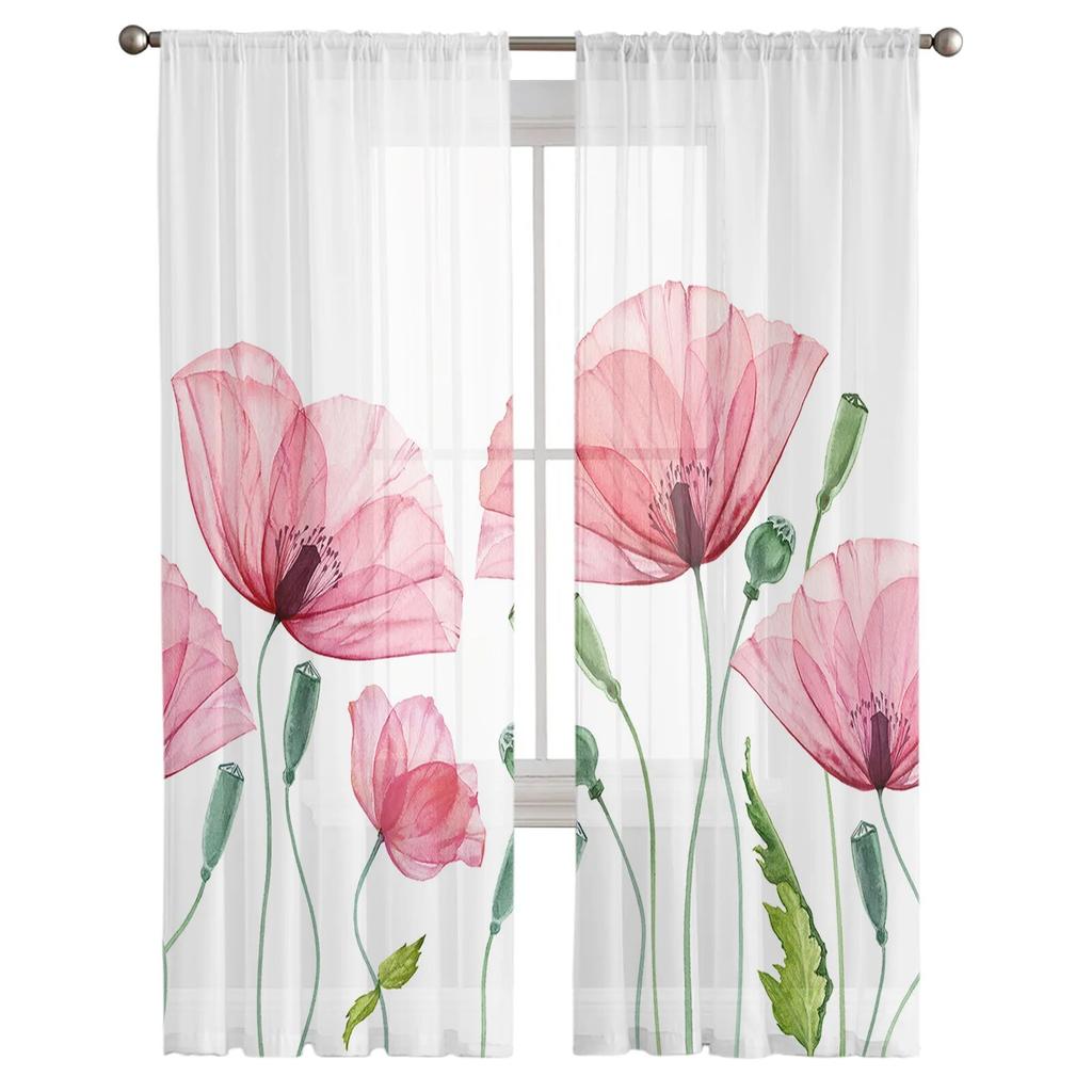 Тюлевые шторы с цветком мака и растением, модные прозрачные занавески с принтом для гостиной, окна, современный декор