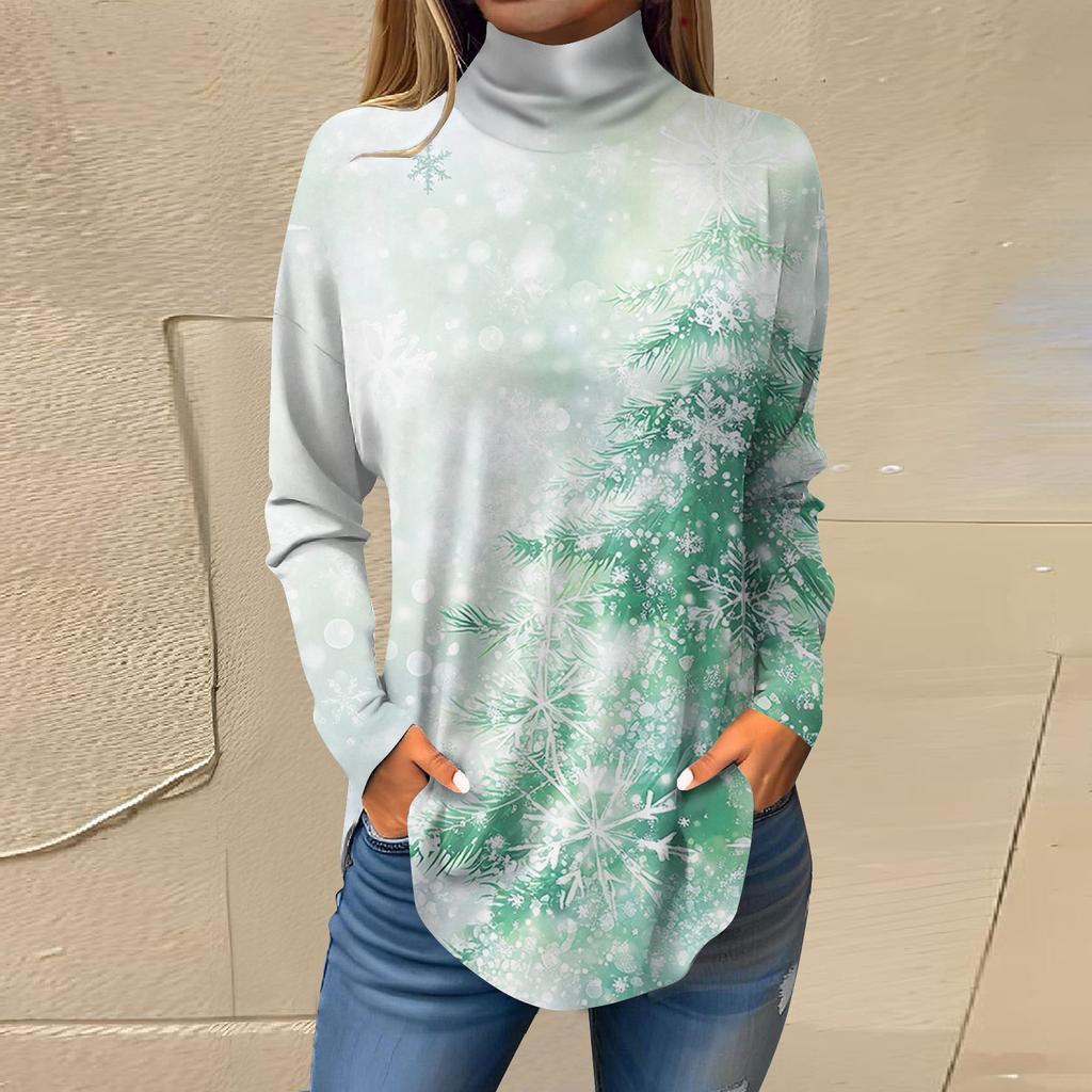 Женская модная повседневная футболка с длинным рукавом с высоким воротом и принтом, пуловер, топ
