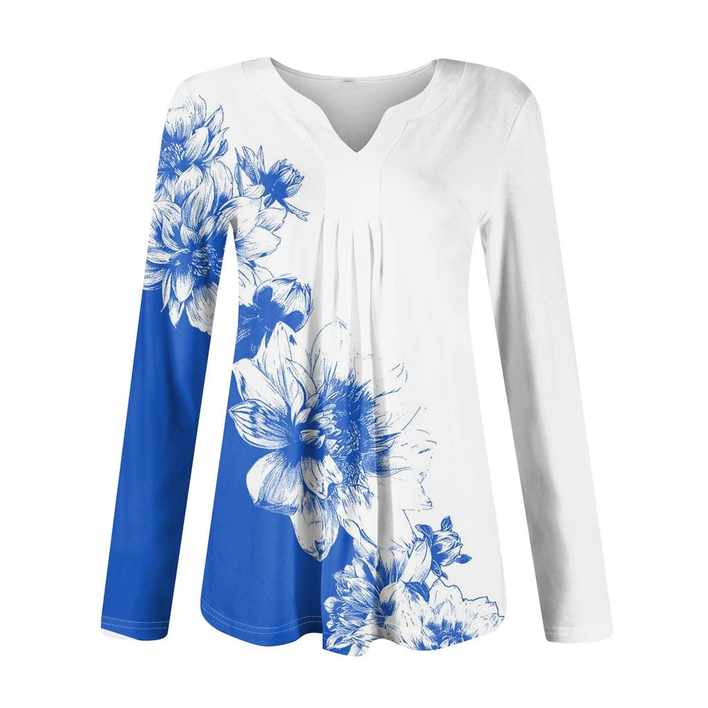 Women's Fashion Casual Long Sleeve Shirt Floral Printed V Neck Up Tops