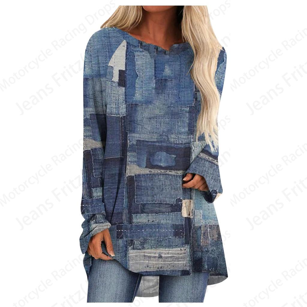 Винтажный лоскутный 3D-принт футболки с длинным рукавом Женская мода свободные оверсайз топы футболки длинные топы женские туники осень