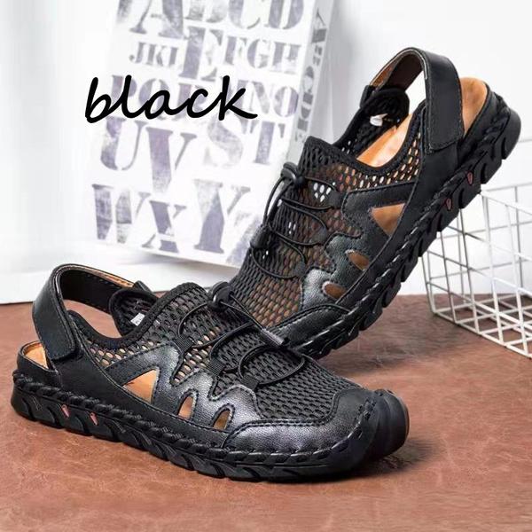 Breathable Mesh Sandals for Men Summer Casual Beach Sandals Genuine Cowhide Flats Sandals Wading Sandals Plus Size 38-48