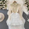 Fashion Elegant Luxury Pearls Beading Cake Mini Dress Women's Long Sleeve Sequined Lace Stitching Mesh Layer Party Dresses